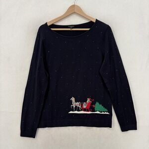 Talbots Sweater Womens PL Blue Santa Horse Sleigh Rhinestone Christmas Cashmere